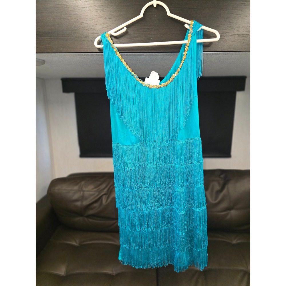 California Costume Collections Teal Blue Fringe Flapper Dress Gold Sequin Trim M